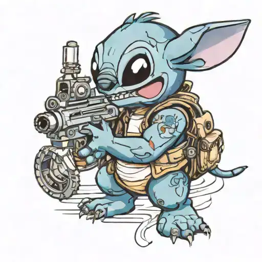 stitch holding a machine gun tattoo design idea