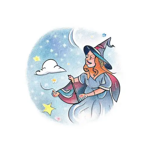 A traditional style tattoo of a witch casting spells under a starry sky at Vale do Amanhecer tattoo design idea