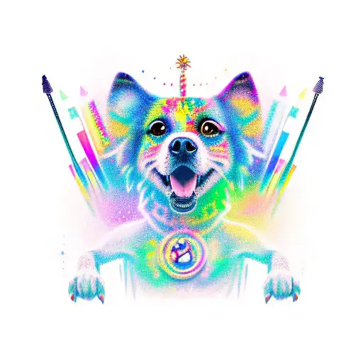 A new-school style tattoo of a dancing dog wearing makeup and surrounded by colorful EDM symbols tattoo design idea