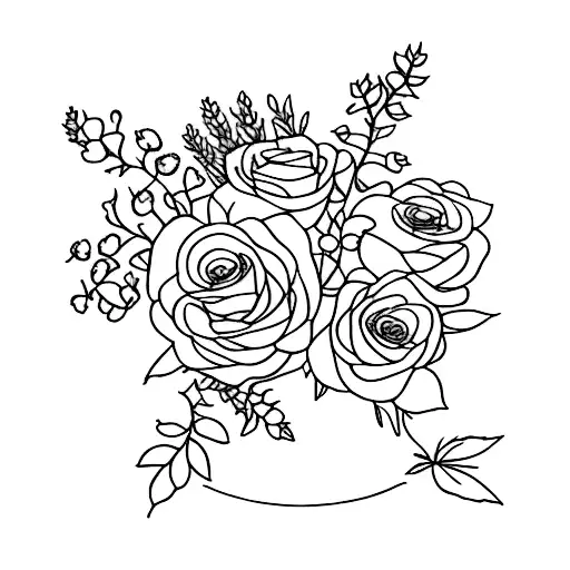 fine line flower bouquet with wisteria, ivy, larkspur and rose - keep it simple tattoo design idea