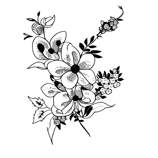 fine line flower bouquet with wisteria, ivy, larkspur and rose tattoo design idea