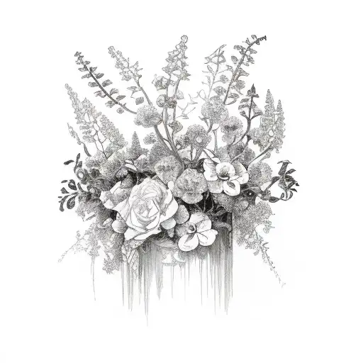 fine line flower bouquet with wisteria, ivy, larkspur and rose tattoo design idea