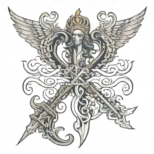 Design a tattoo incorporating images of the Poseidon's trident, ocean waves, Oregon trees, and Daryl Dixon's angel wings tattoo design idea