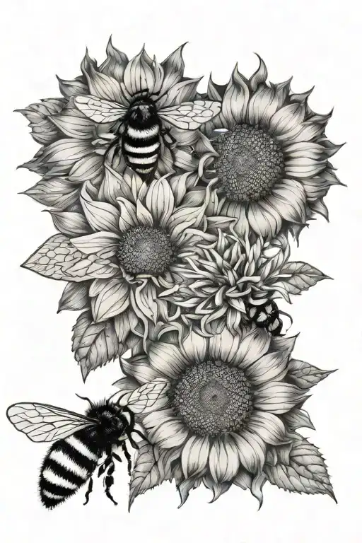 flowers, bumble bee, sunflower tattoo design idea