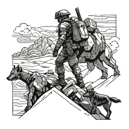A futuristic cyberpunk landscape featuring a soldier climbing a pixelated mountain, with a loyal dog companion by their side tattoo design idea