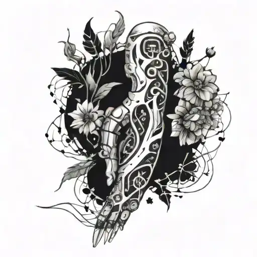 A futuristic cybernetic arm with circuit patterns intertwined with vines and flowers tattoo design idea