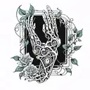 A futuristic cybernetic arm with circuit patterns intertwined with vines and flowers tattoo design idea