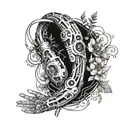 A futuristic cybernetic arm with circuit patterns intertwined with vines and flowers tattoo design idea