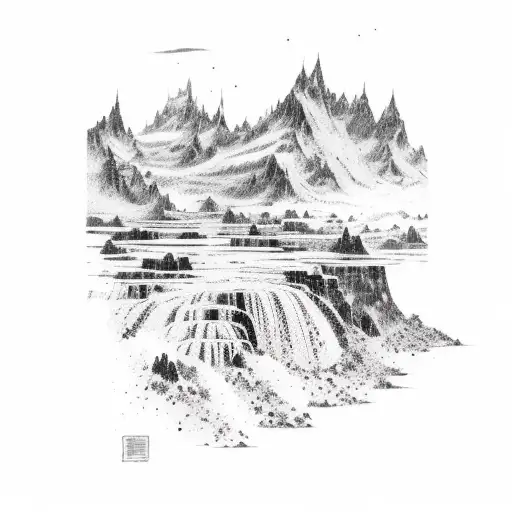 a waterfall coming out to the  mountain pouring into the sea but resembles blood tattoo design idea