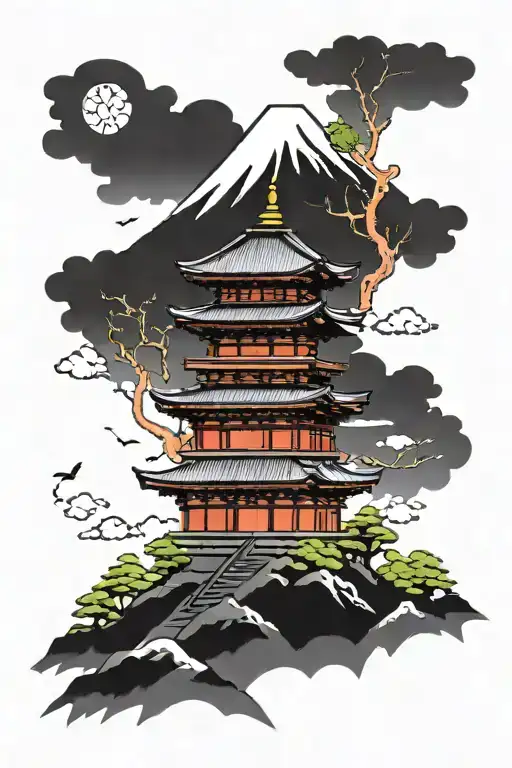 Mt Fuji, Tokyo, nighttime, neon, demon tattoo design idea