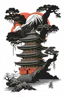 Mt Fuji, Tokyo, nighttime, neon, demon tattoo design idea
