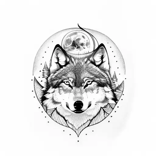 full wolf with forest and moon tattoo design idea
