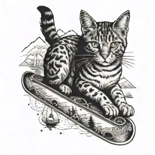 A detailed tattoo of a cat lounging on a ski with Oregon's landscape in the background tattoo design idea