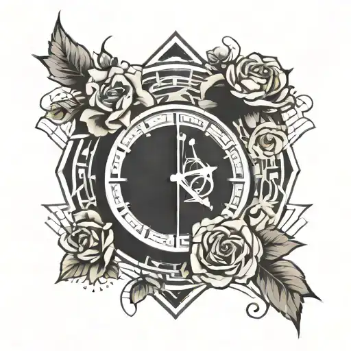 clock with rose tattoo design idea