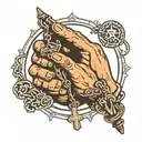 praying hands holding a rosary with a parking symbol attached to end of rosary tattoo design idea