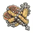 praying hands holding a rosary with a parking symbol attached to end of rosary tattoo design idea