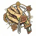praying hands holding a rosary with a parking symbol attached to end of rosary tattoo design idea