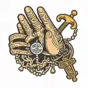 praying hands holding a rosary with a parking symbol attached to end of rosary tattoo design idea