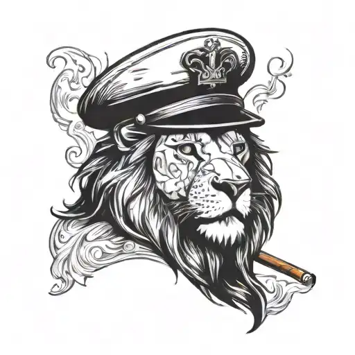Lion with military hat 5 star grade holding a cigarette smoke in shape of heart tattoo design idea