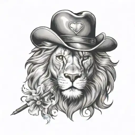 Lion bearing a jean with general hat holding a cigarette smoke in shape of heart tattoo design idea