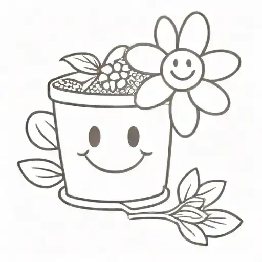 a smaller flower and a bigger flower in a flower pot with smiley faces  tattoo design idea