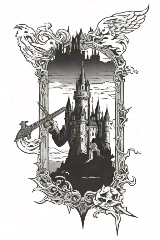 gloomy european castle with a boy holding a sword and a ghosts hand  tattoo design idea