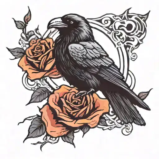 raven with a fire rose blooming tattoo design idea