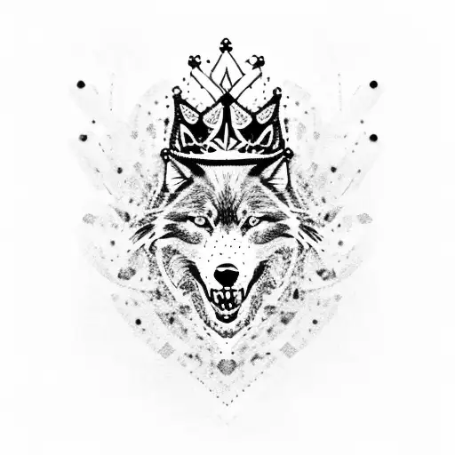 a black wolf holding a crown in its teeth tattoo design idea