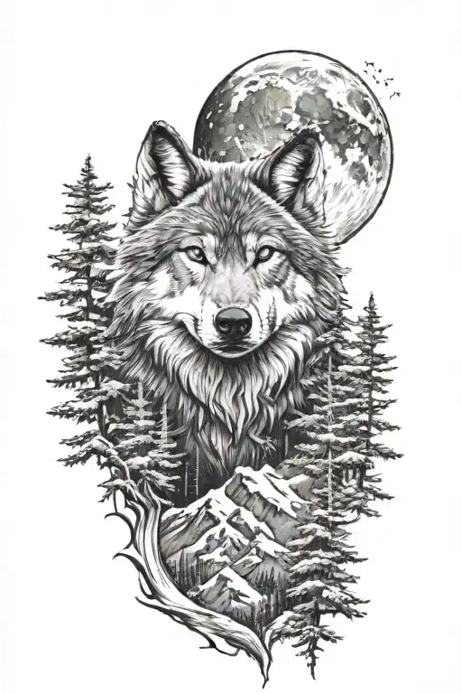 full sleeve black and white tattoo. wolf with mountains, evergreens and moon on the upper arm  tattoo design idea