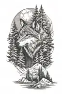 full sleeve black and white tattoo. wolf with mountains, evergreens and moon on the upper arm  tattoo design idea