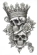 Skull and roses, king and Queen crown, card design featuring, the words "the lovers"  tattoo design idea