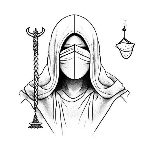 Blindfolded hooded woman holding the balance of justice tattoo design idea
