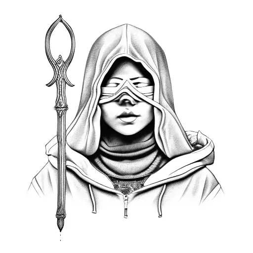 Blindfolded hooded woman judging tattoo design idea
