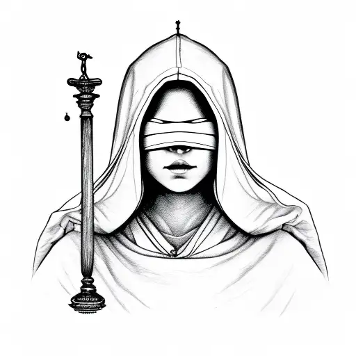 Blindfolded hooded woman holding the balance of justice tattoo design idea