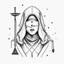 Blindfolded hooded woman holding the balance of justice tattoo design idea