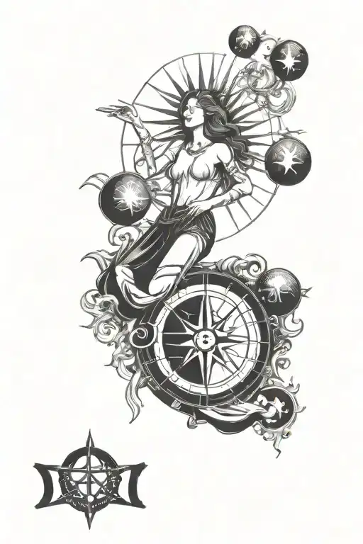 combination of tarot character include The Sun, The world, Ace of Pentacles and Wheel of fortune  tattoo design idea
