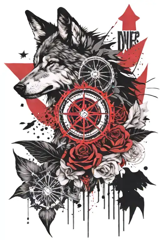 A trash polka tattoo featuring a wolf, a raven, a compass, stars, lotus flowers, and a fleur-de-lis with the words Carpe Diem, Resilience, and Metanoia incorporated into the design tattoo design idea