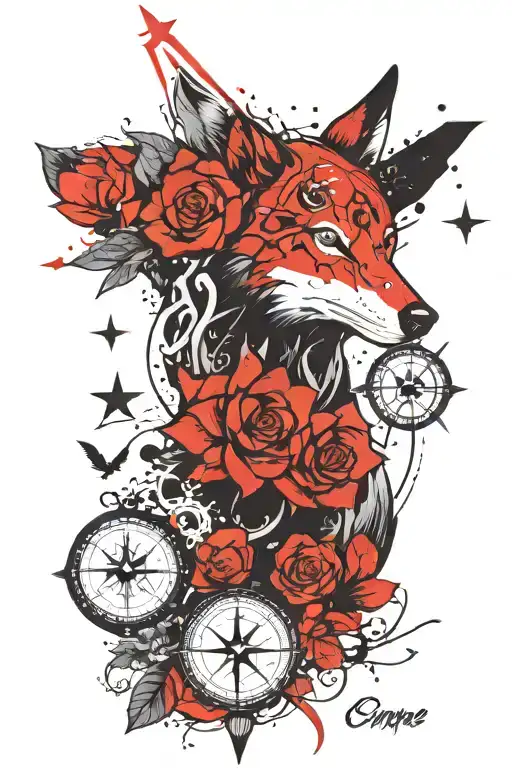 A trash polka tattoo featuring a wolf, a raven, a compass, stars, lotus flowers, and a fleur-de-lis with the words Carpe Diem, Resilience, and Metanoia incorporated into the design tattoo design idea