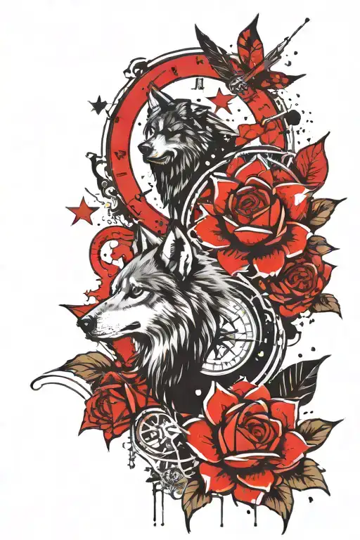 A trash polka tattoo featuring a wolf, a raven, a compass, stars, lotus flowers, and a fleur-de-lis with the words Carpe Diem, Resilience, and Metanoia incorporated into the design tattoo design idea
