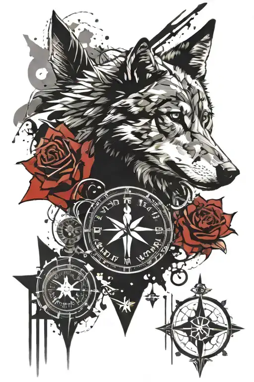 A trash polka tattoo featuring a wolf, a raven, a compass, stars, lotus flowers, and a fleur-de-lis with the words Carpe Diem, Resilience, and Metanoia incorporated into the design tattoo design idea