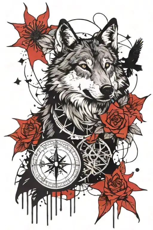 A trash polka tattoo featuring a wolf, a raven, a compass, stars, lotus flowers, and a fleur-de-lis with the words Carpe Diem, Resilience, and Metanoia incorporated into the design tattoo design idea