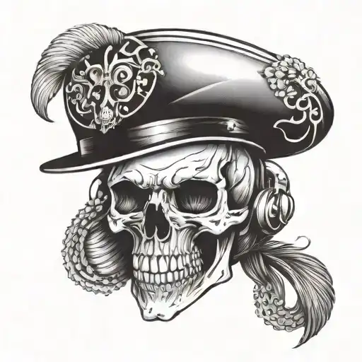 skull wearing a cavalry hat that has cvc ear pieces tattoo design idea