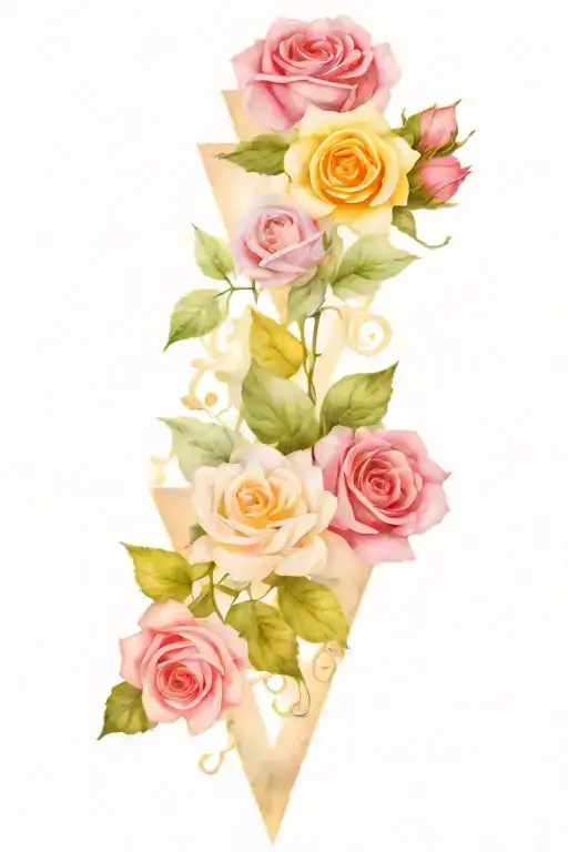 triangle collage of pink roses and gerber daisies with leaves and vines tatto tattoo design idea