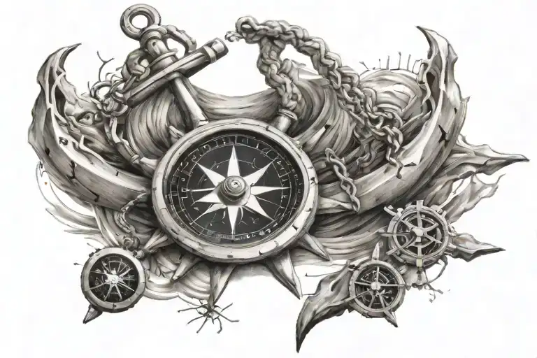 boat anchor with compass and gps coordinates of waves tattoo design idea