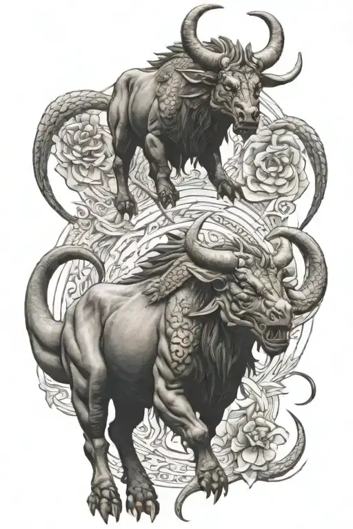 dragon and taurus bull standing together representing tattoo design idea