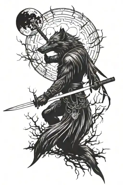 warlock katana wolf raven waxing moon tattoo design idea