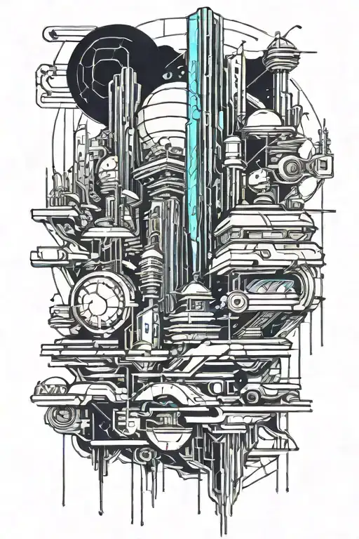 A sketch tattoo of a futuristic cityscape of game references, reflecting the client's interest in games and scifi books tattoo design idea