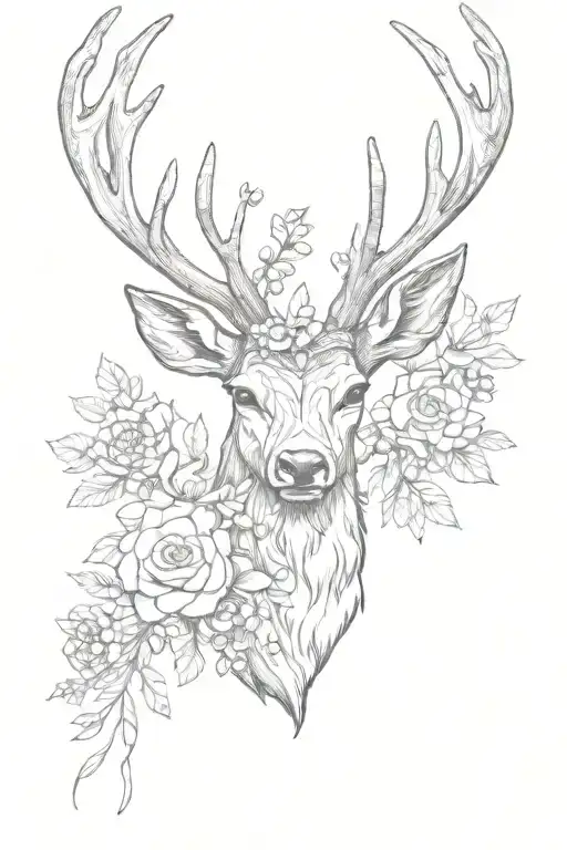 stag head bordered with flowers  tattoo design idea