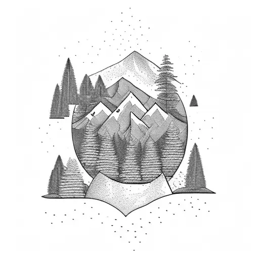 A minimalist tattoo of a hiking trail winding through mountains. tattoo design idea