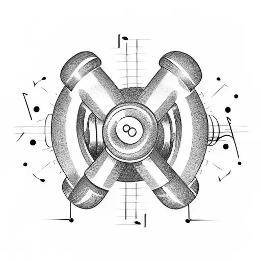 A minimalist tattoo of a dumbbell with musical notes swirling around it. tattoo design idea